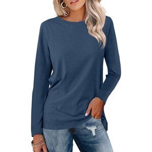 Blmfaion Womens  Long Sleeve Tunics Tops Casual Crew Neck Shirts Loose Fit- Blue